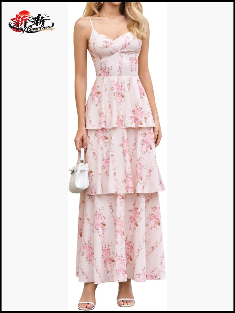 Women's Floral Maxi Dress Tiered Ruffle Backless Spaghetti Strap Sundress